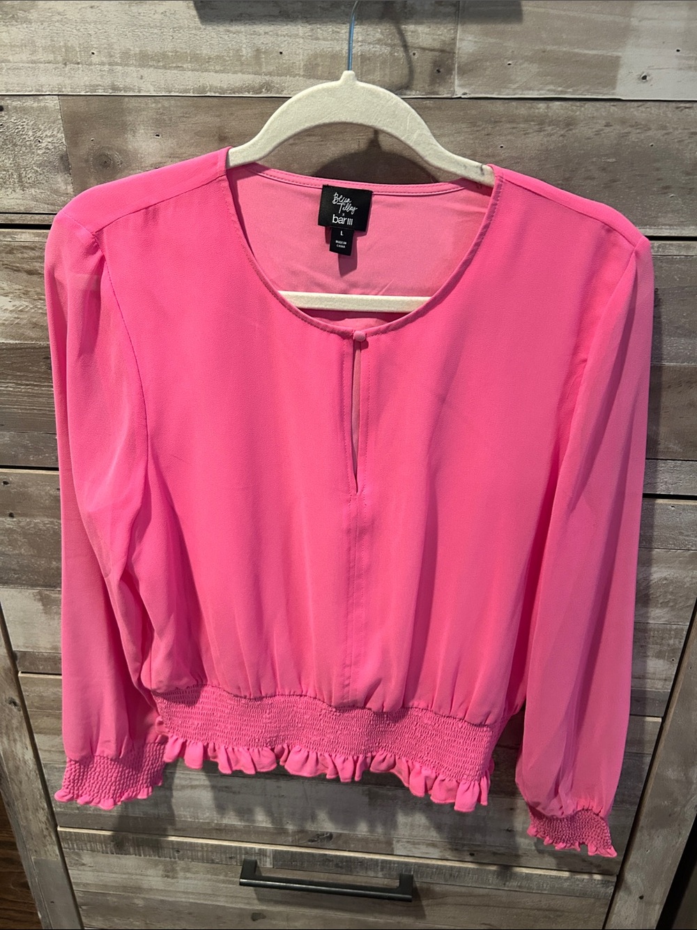 Bar III Bright Pink Long Sleeve Smocked Hem Blouse